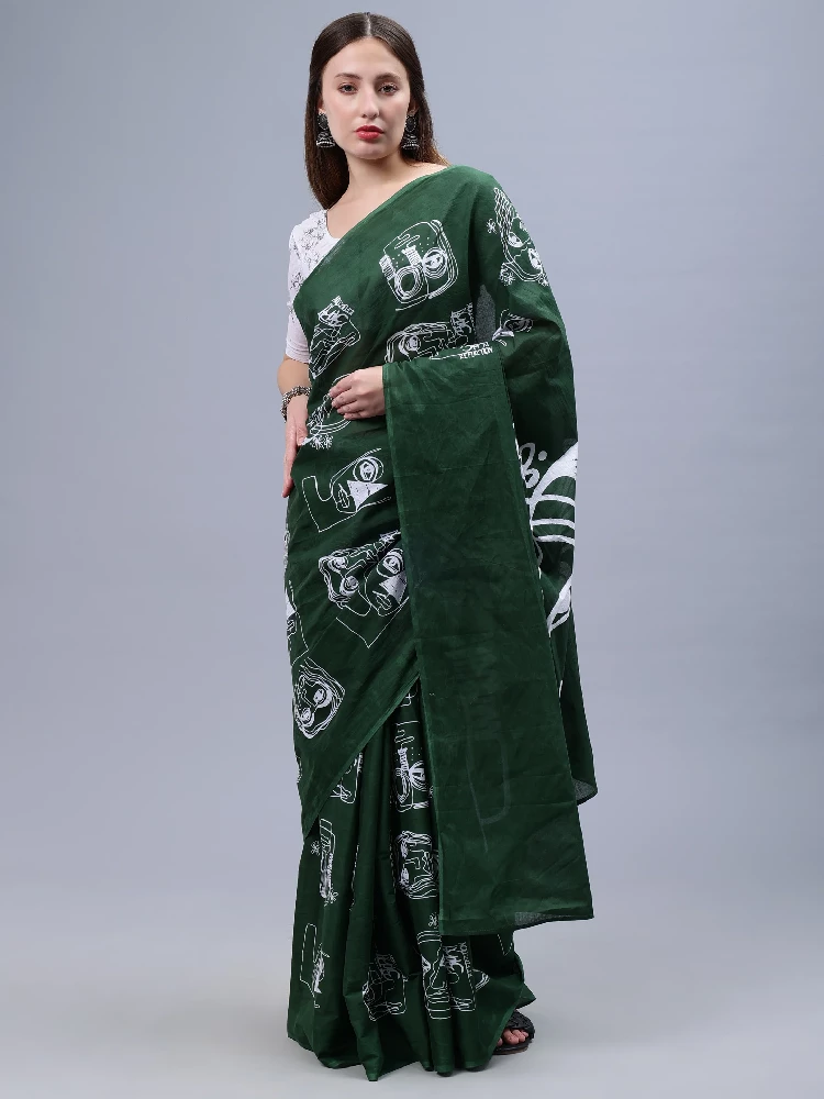 Bottle Green Printed Malmal Cotton Saree-7.webp